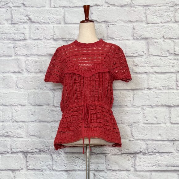 Carolina K Tops - Carolina K Berenice Coral Red Cotton Crochet Peplum Top